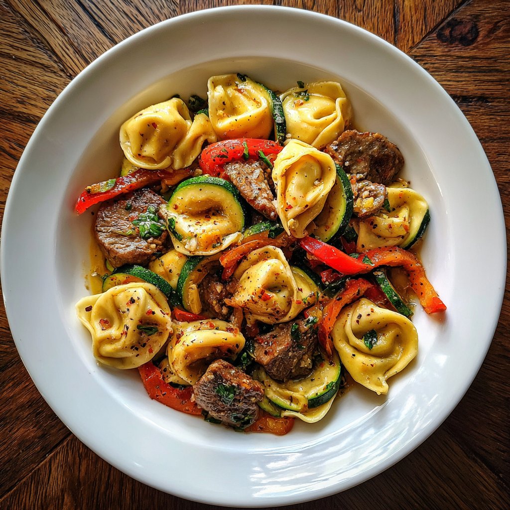 Garlic Steak Tortellini with Zucchini and Peppers