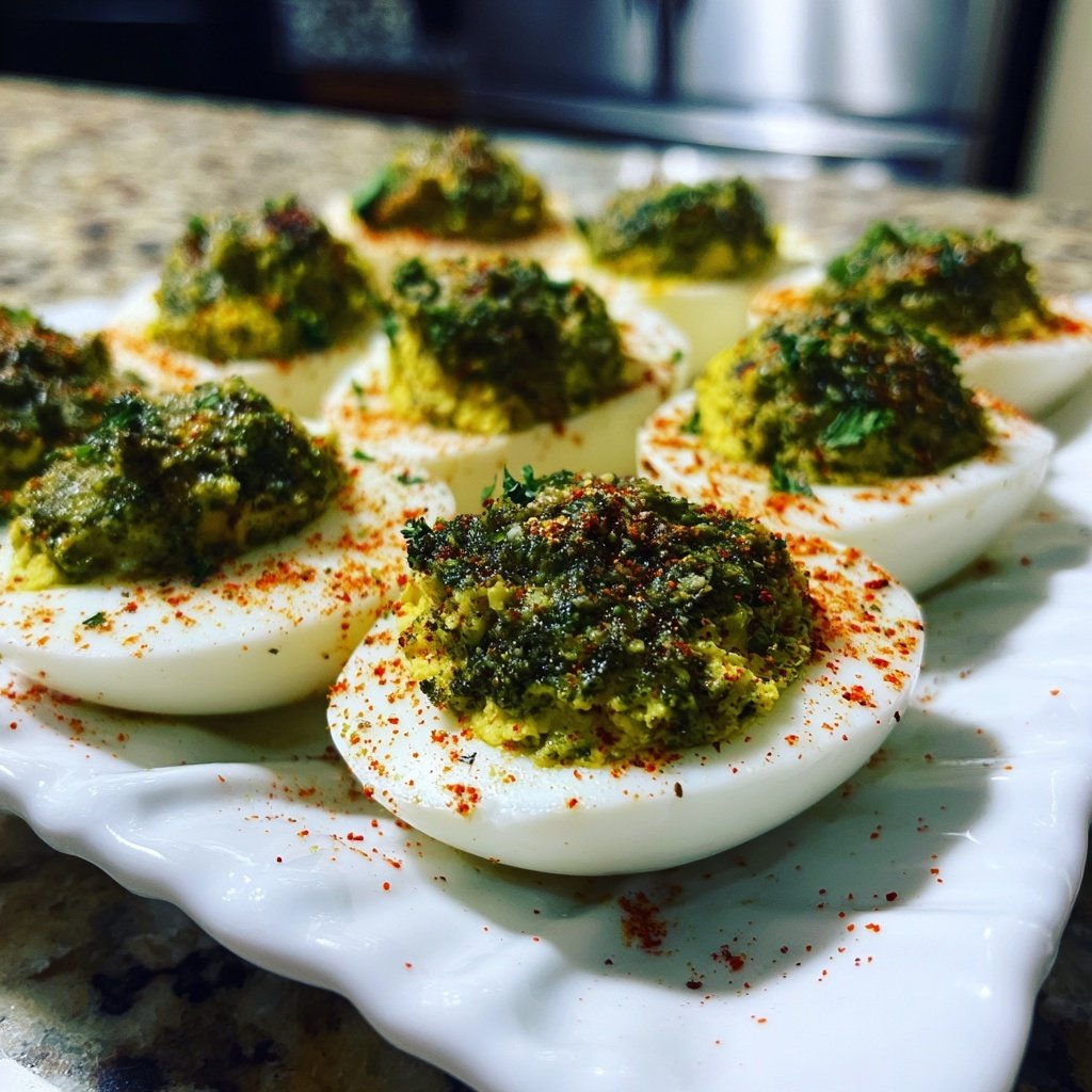 Christmas Tree Deviled Eggs Pesto